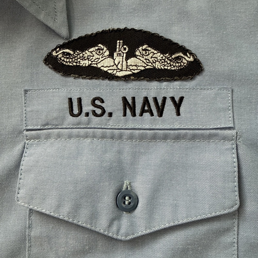 US Navy Submarine Service Chambray Blue S/S Utility Work Shirt Sz L 90s - Picture 3 of 10